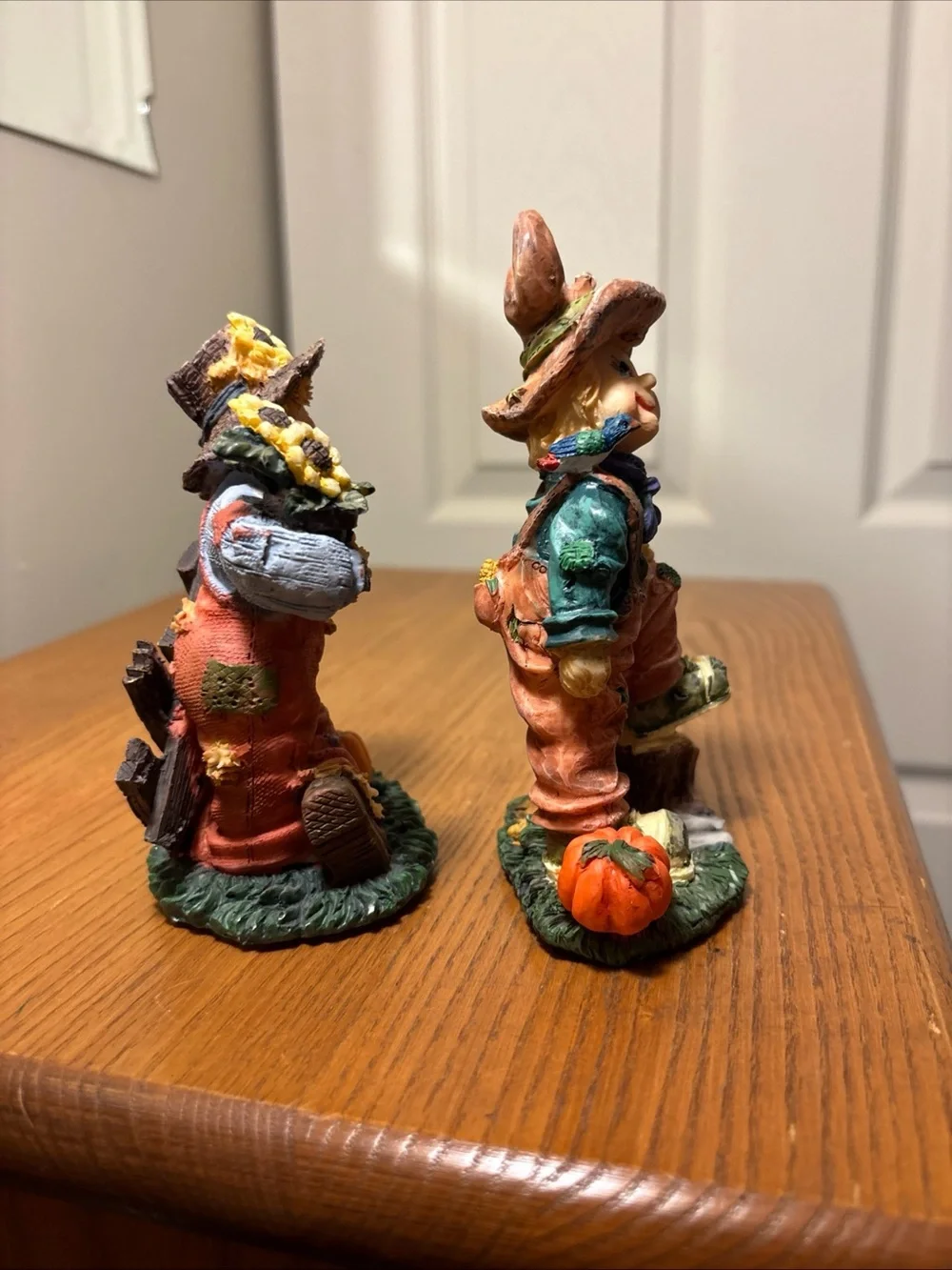 Autumn Scarecrow Figurine Pair - Orange & Green Fall Decor